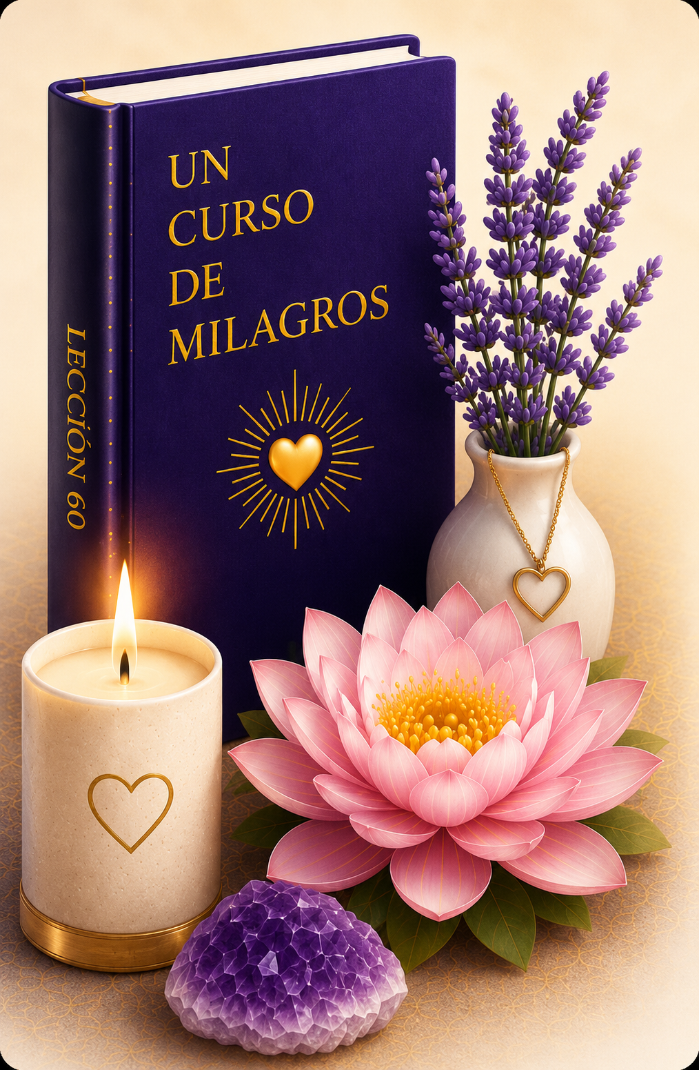 Libro de Un Curso de Milagros · Lección 60 junto a una vela encendida, flor de loto, lavanda, amatista y un corazón dorado